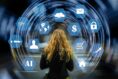 Girl encircled by search icons and AI